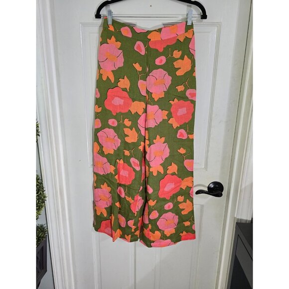 Magaschoni Womens Green Floral Linen Pants Cropped Wide Leg High Rise Size S NWT - Picture 4 of 10
